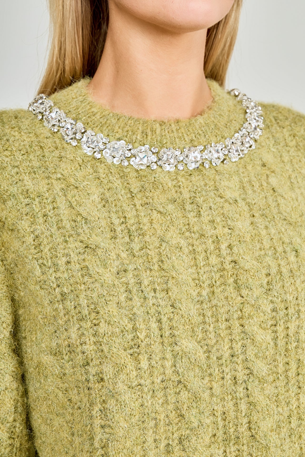 ENDLESS ROSE - Jewel Embroidered Fuzzy Cable Knit Chunky Sweater - SWEATERS & KNITS available at Objectrare