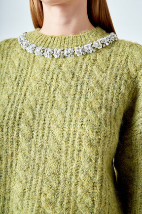 ENDLESS ROSE - Jewel Embroidered Fuzzy Cable Knit Chunky Sweater - SWEATERS & KNITS available at Objectrare