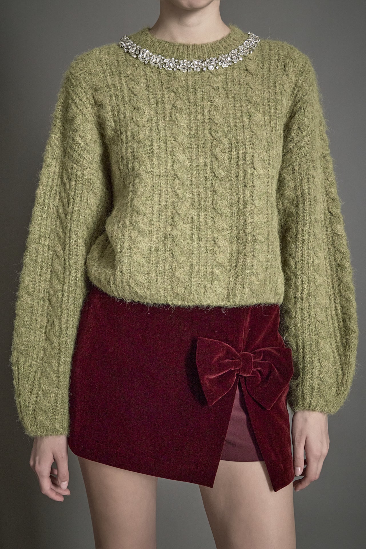 ENDLESS ROSE - Jewel Embroidered Fuzzy Cable Knit Chunky Sweater - SWEATERS & KNITS available at Objectrare
