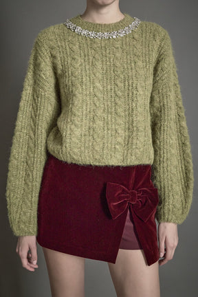 ENDLESS ROSE - Jewel Embroidered Fuzzy Cable Knit Chunky Sweater - SWEATERS & KNITS available at Objectrare