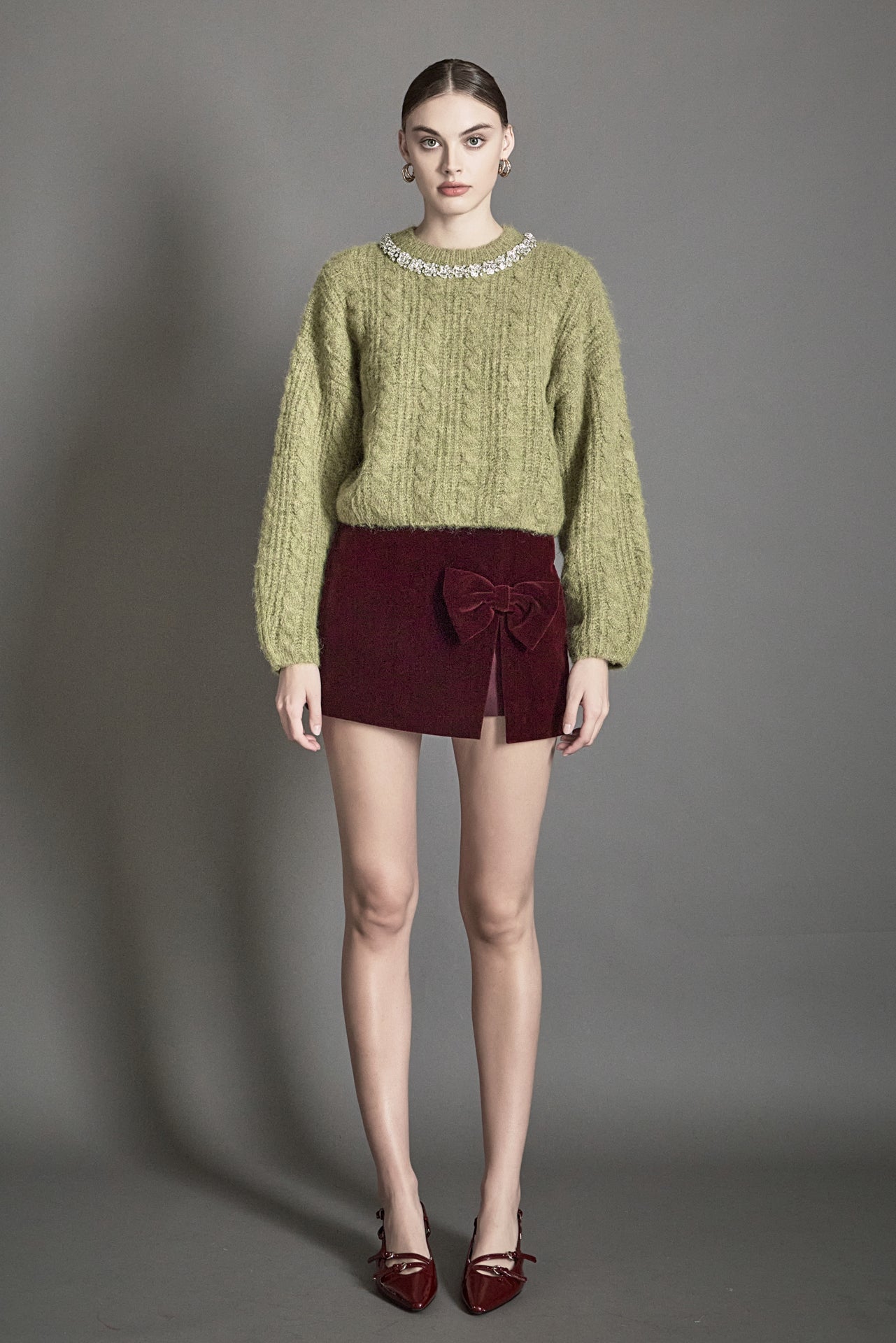 ENDLESS ROSE - Jewel Embroidered Fuzzy Cable Knit Chunky Sweater - SWEATERS & KNITS available at Objectrare