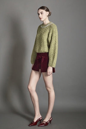 ENDLESS ROSE - Jewel Embroidered Fuzzy Cable Knit Chunky Sweater - SWEATERS & KNITS available at Objectrare