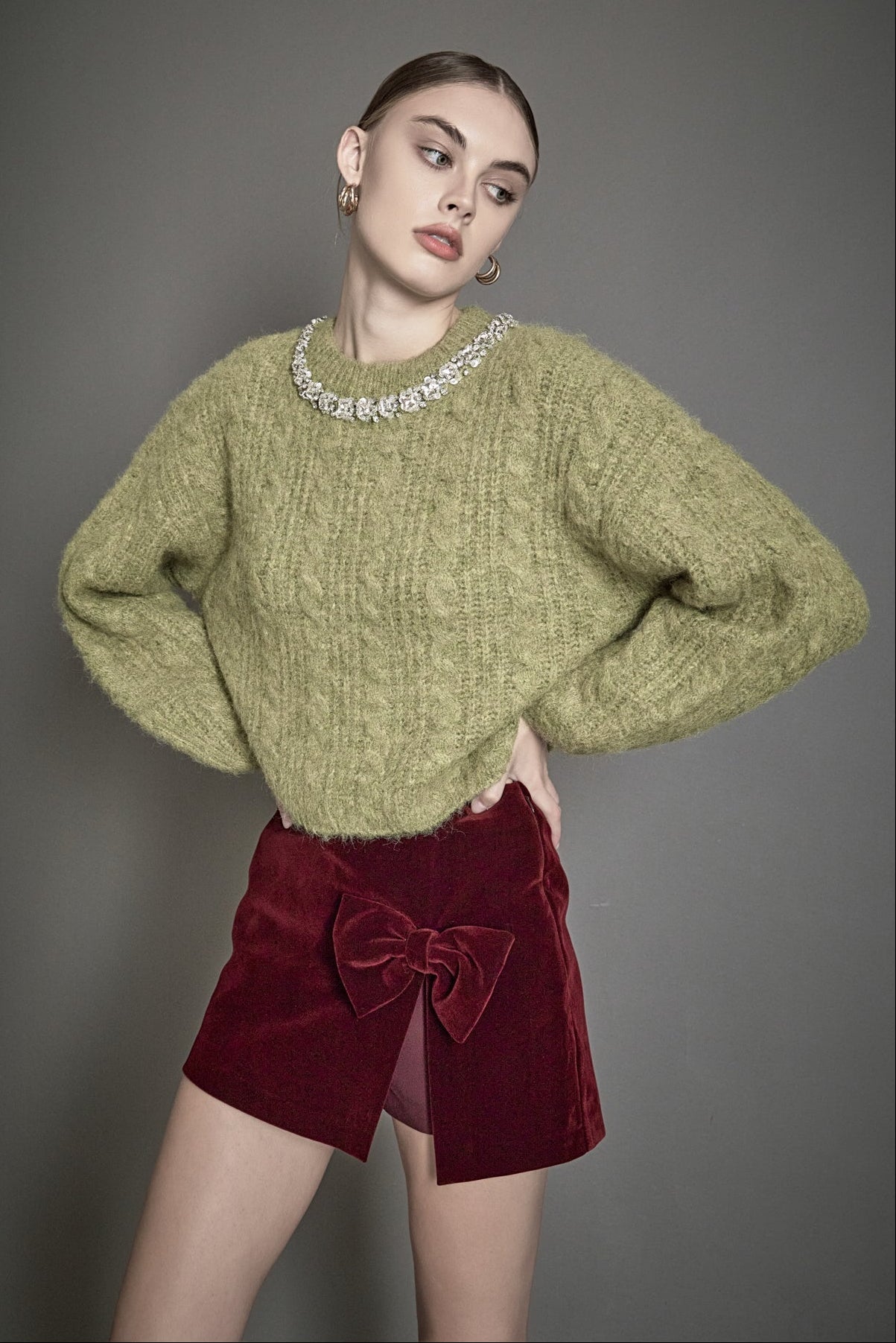 ENDLESS ROSE - Jewel Embroidered Fuzzy Cable Knit Chunky Sweater - SWEATERS & KNITS available at Objectrare