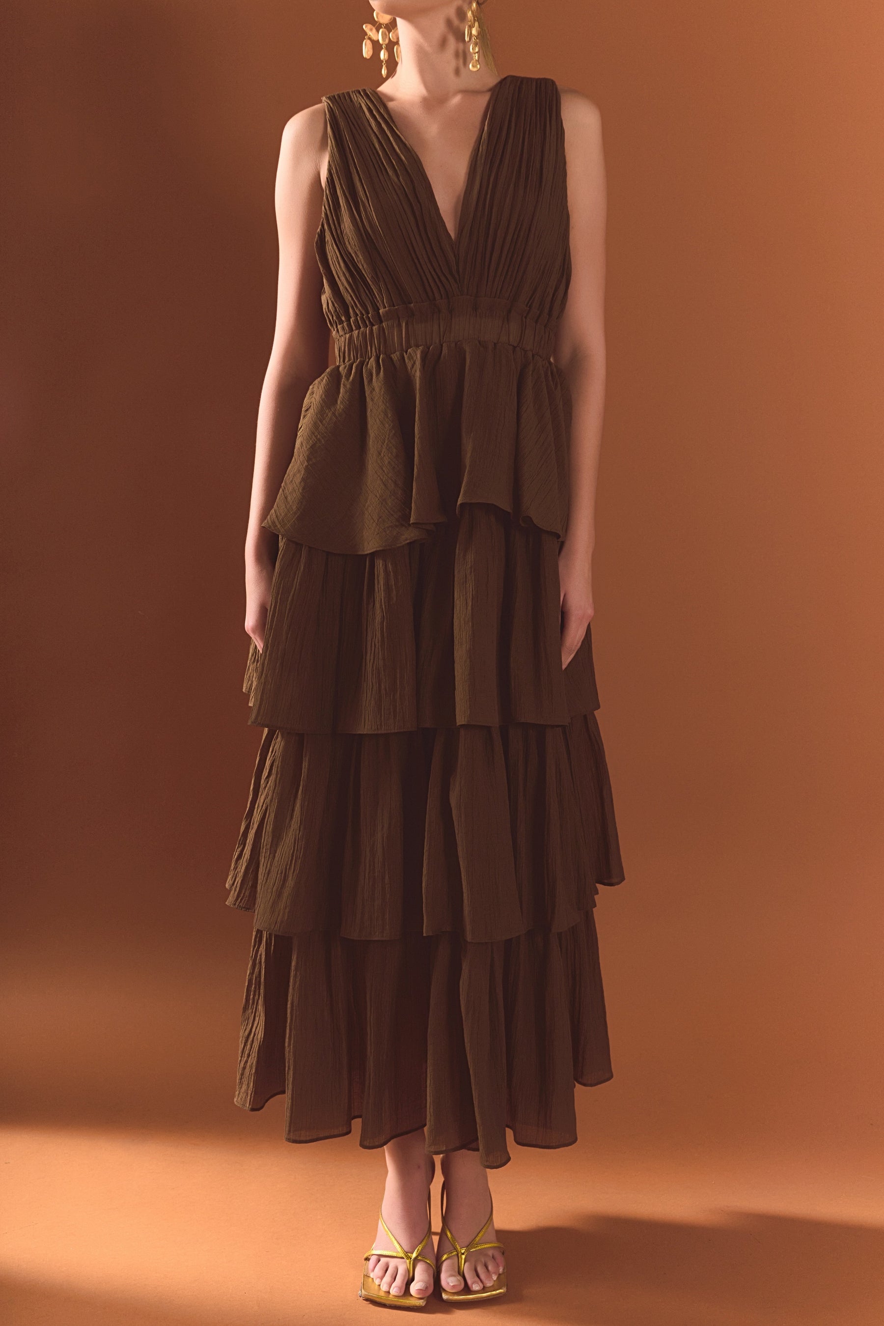 ENDLESS ROSE - Crinkled Deep V Tiered Maxi Dress - DRESSES available at Objectrare