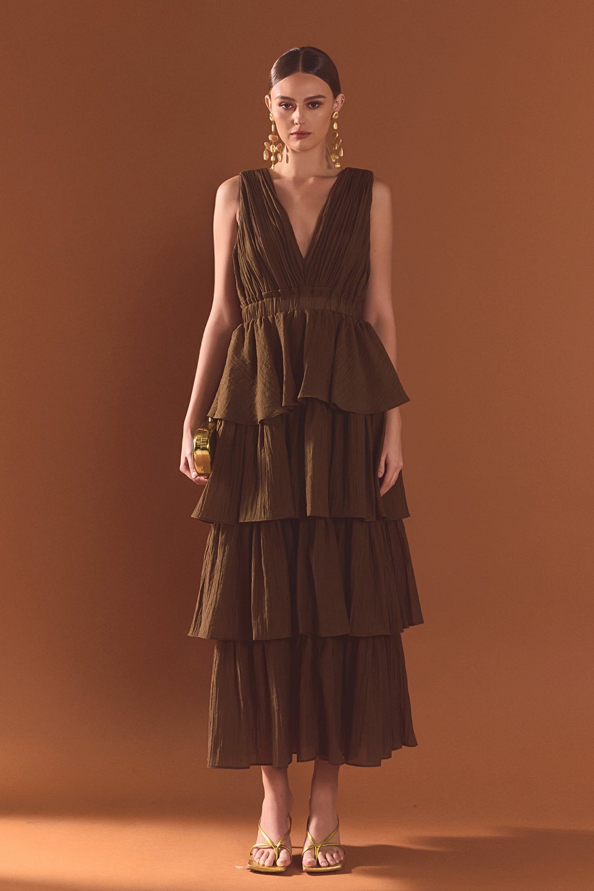 Crinkled Deep V Tiered Maxi Dress