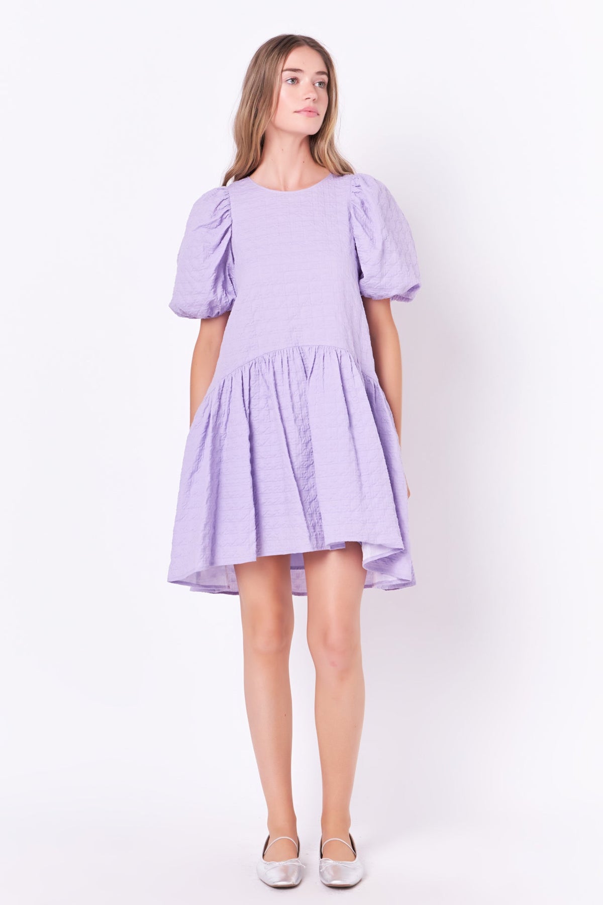 Back Tie Jacquard Puff Dress