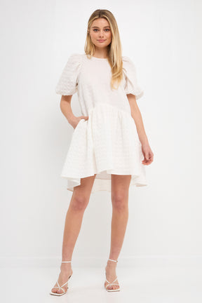 Back Tie Jacquard Puff Dress