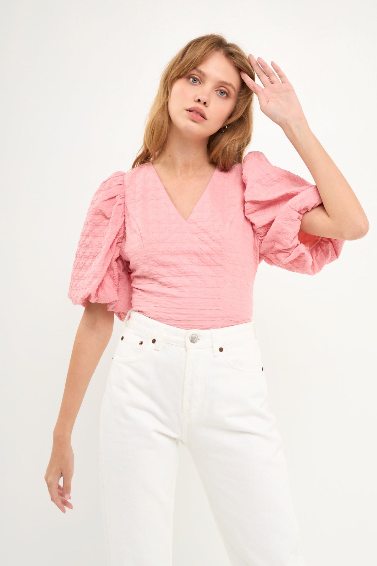 ENDLESS ROSE - Puff Sleeve Check Jacquard Top - TOPS available at Objectrare