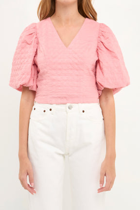 ENDLESS ROSE - Puff Sleeve Check Jacquard Top - TOPS available at Objectrare