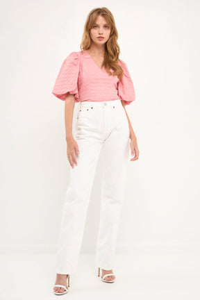 ENDLESS ROSE - Puff Sleeve Check Jacquard Top - TOPS available at Objectrare