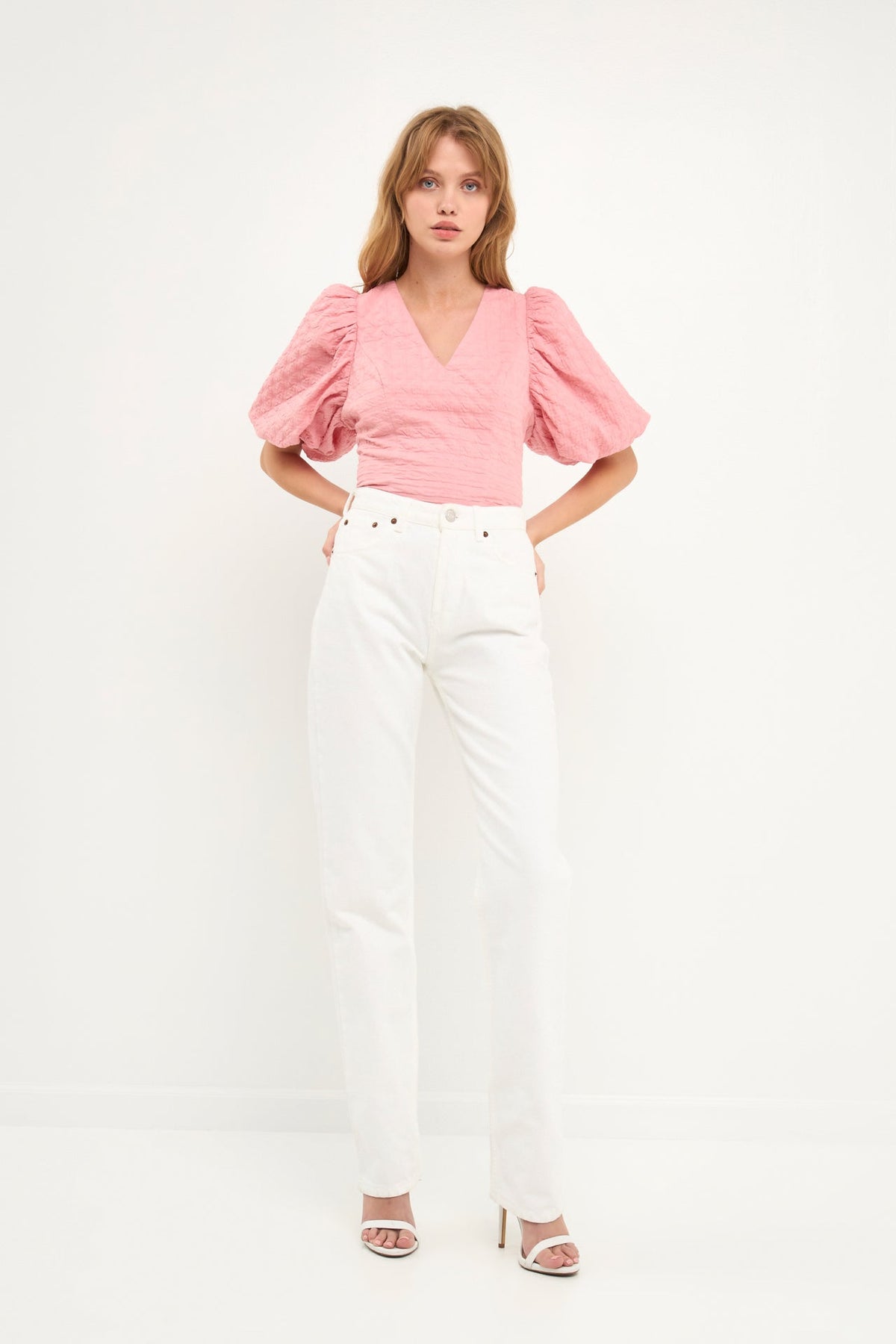 ENDLESS ROSE - Puff Sleeve Check Jacquard Top - TOPS available at Objectrare