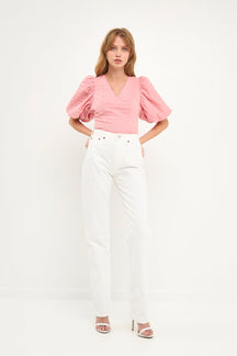 ENDLESS ROSE - Puff Sleeve Check Jacquard Top - TOPS available at Objectrare