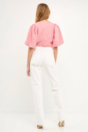 ENDLESS ROSE - Puff Sleeve Check Jacquard Top - TOPS available at Objectrare