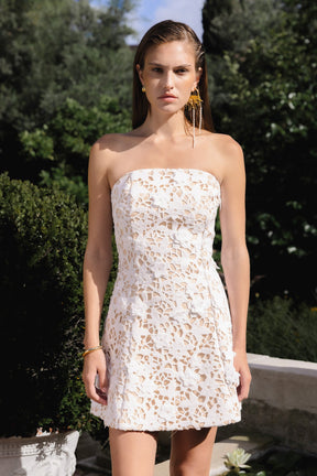 ENDLESS ROSE - Floral Applique Sequins Lace Strapless Mini Dress - DRESSES available at Objectrare