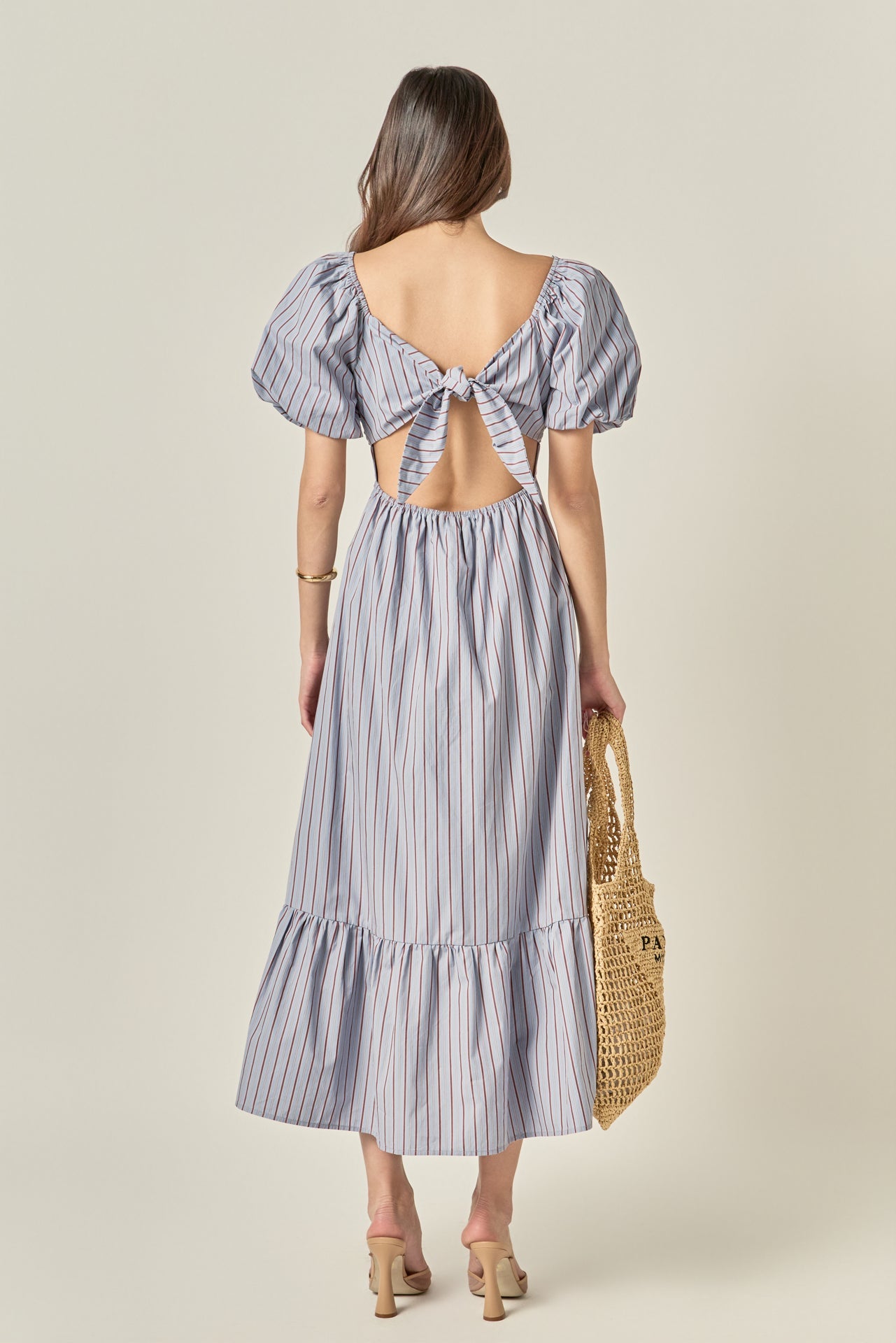 Striped Tie Back Puff Sleeve Maxi Dress