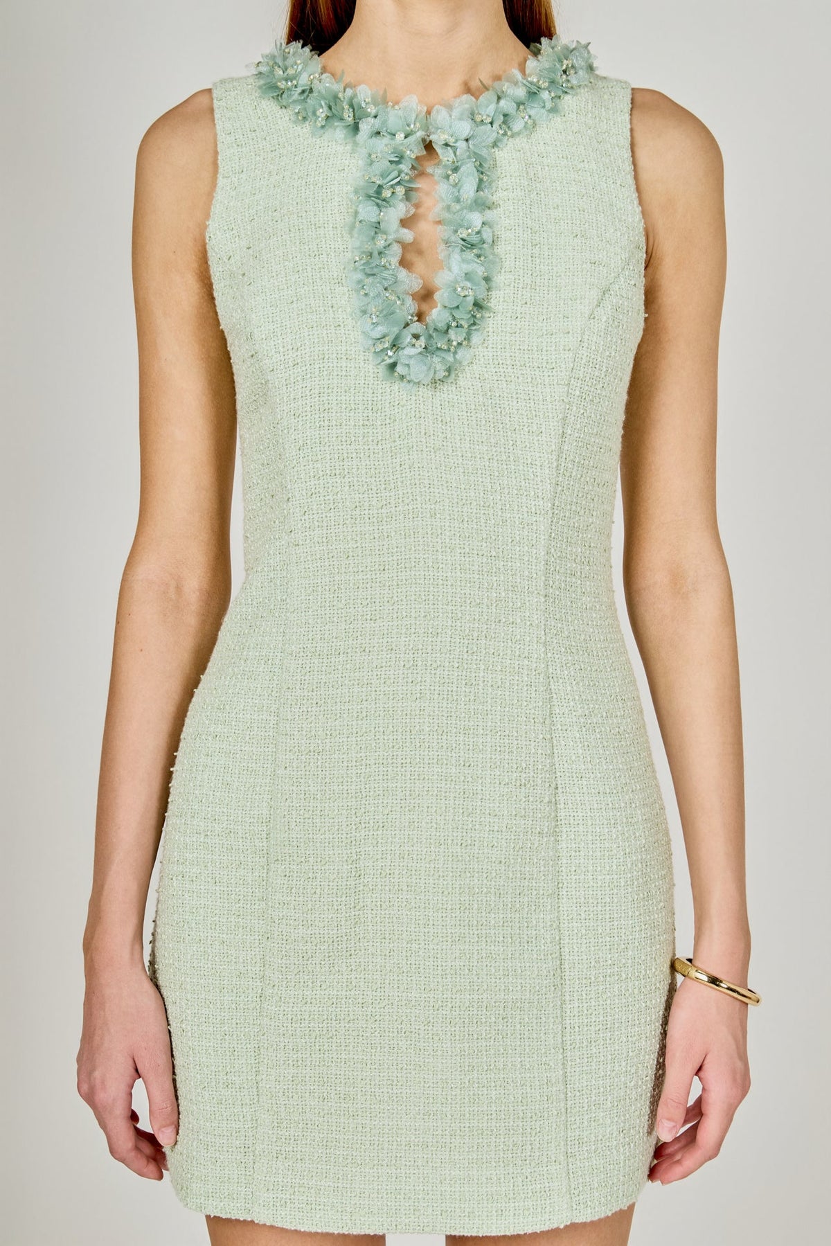 ENDLESS ROSE - Tweed Racerback Floral Trim Mini Dress - DRESSES available at Objectrare