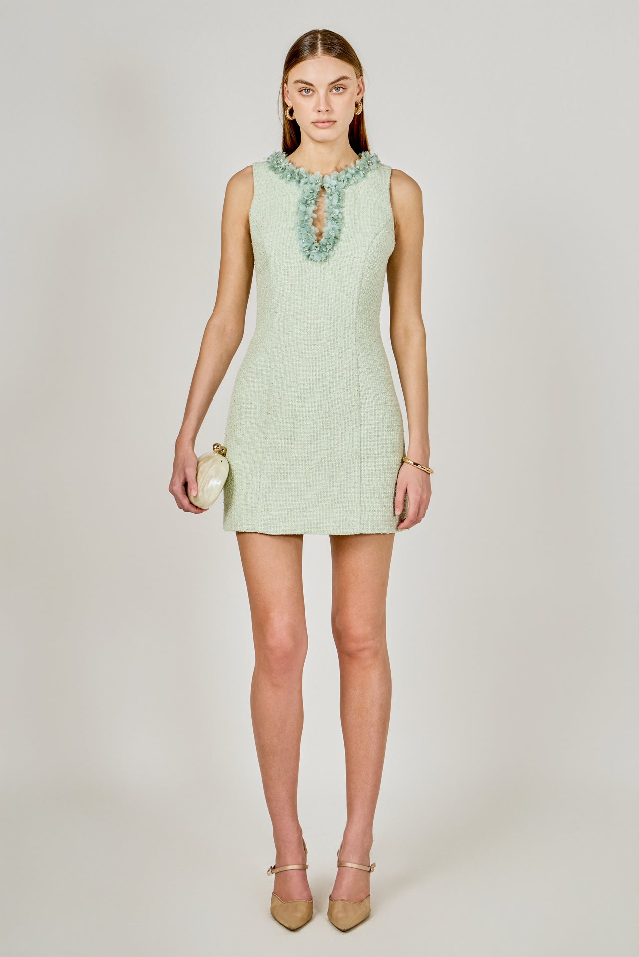 ENDLESS ROSE - Tweed Racerback Floral Trim Mini Dress - DRESSES available at Objectrare