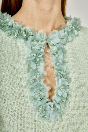 ENDLESS ROSE - Tweed Racerback Floral Trim Mini Dress - DRESSES available at Objectrare