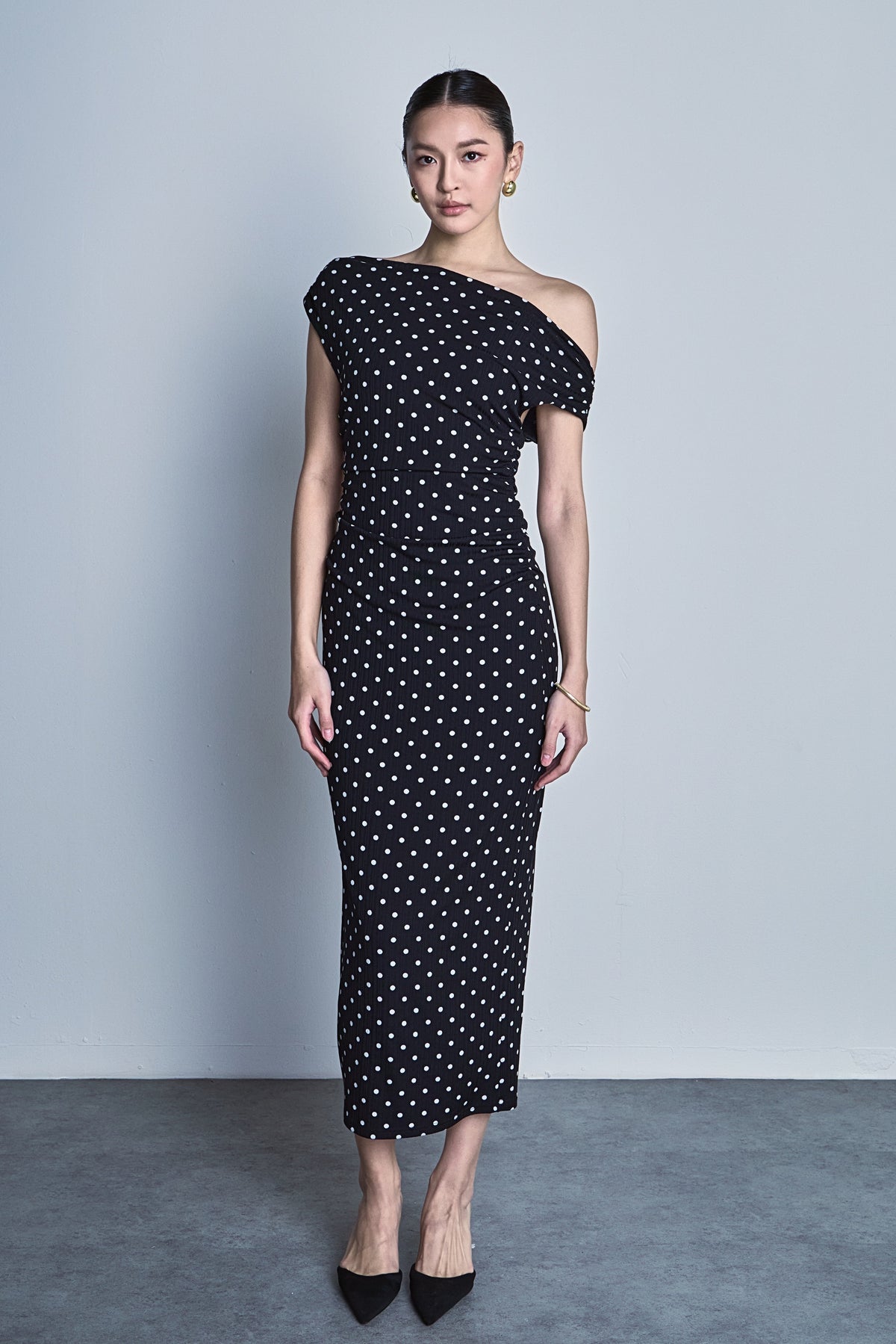 ENDLESS ROSE - Asymmetrical Polka Dot Midi Dress - DRESSES available at Objectrare