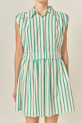 ENGLISH FACTORY - Emerald Stripe Pleated Shoulder Mini Dress - DRESSES available at Objectrare