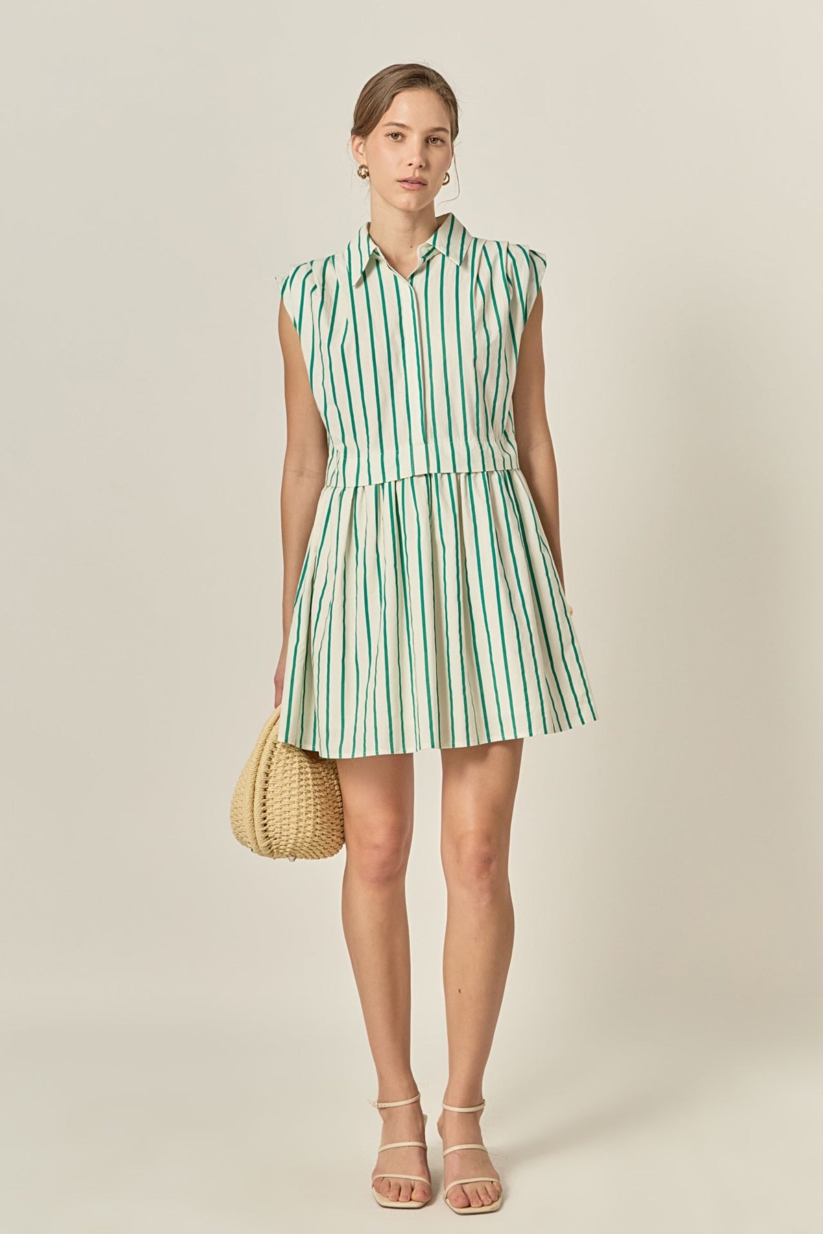 ENGLISH FACTORY - Emerald Stripe Pleated Shoulder Mini Dress - DRESSES available at Objectrare
