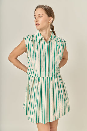 ENGLISH FACTORY - Emerald Stripe Pleated Shoulder Mini Dress - DRESSES available at Objectrare