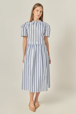ENGLISH FACTORY - Striped Pleated Shoulder Shirt Midi Dress - DRESSES available at Objectrare