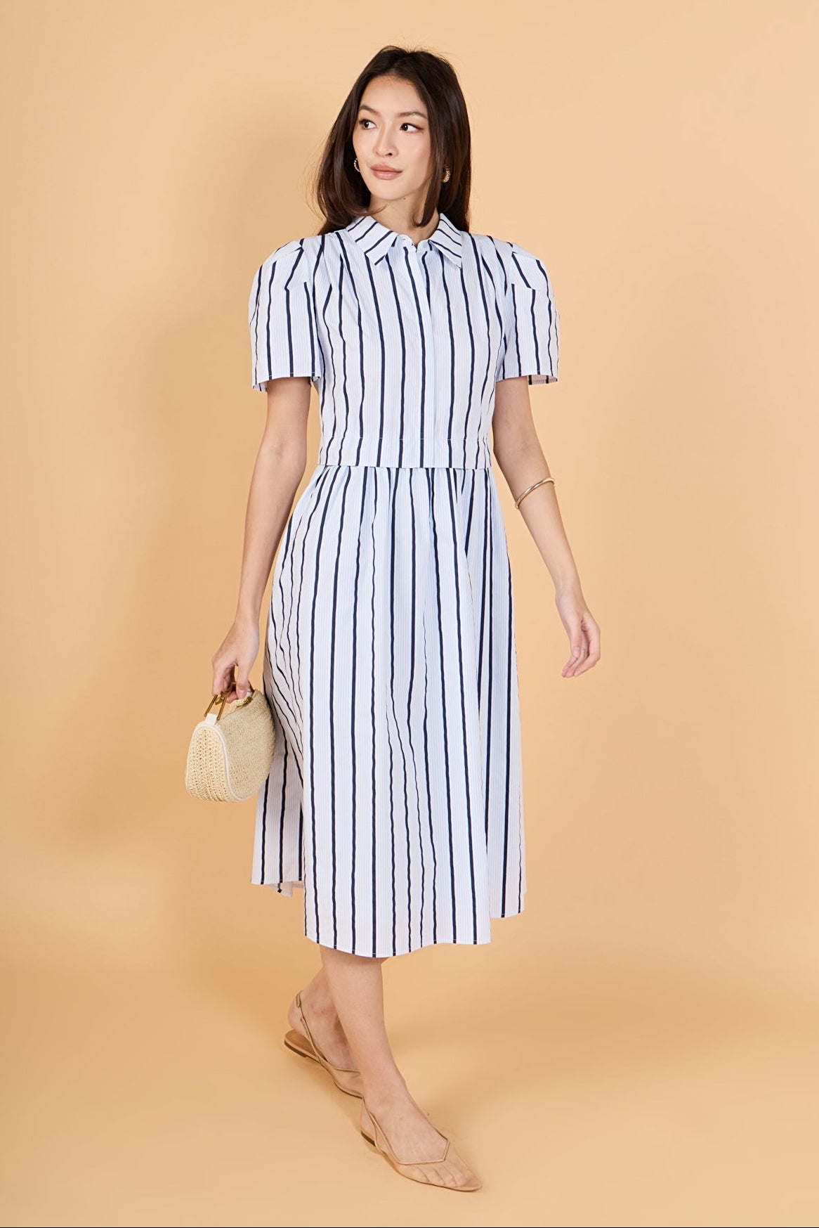 Striped Pleated Shoulder Shirt Midi Dress