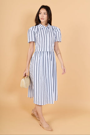 Striped Pleated Shoulder Shirt Midi Dress