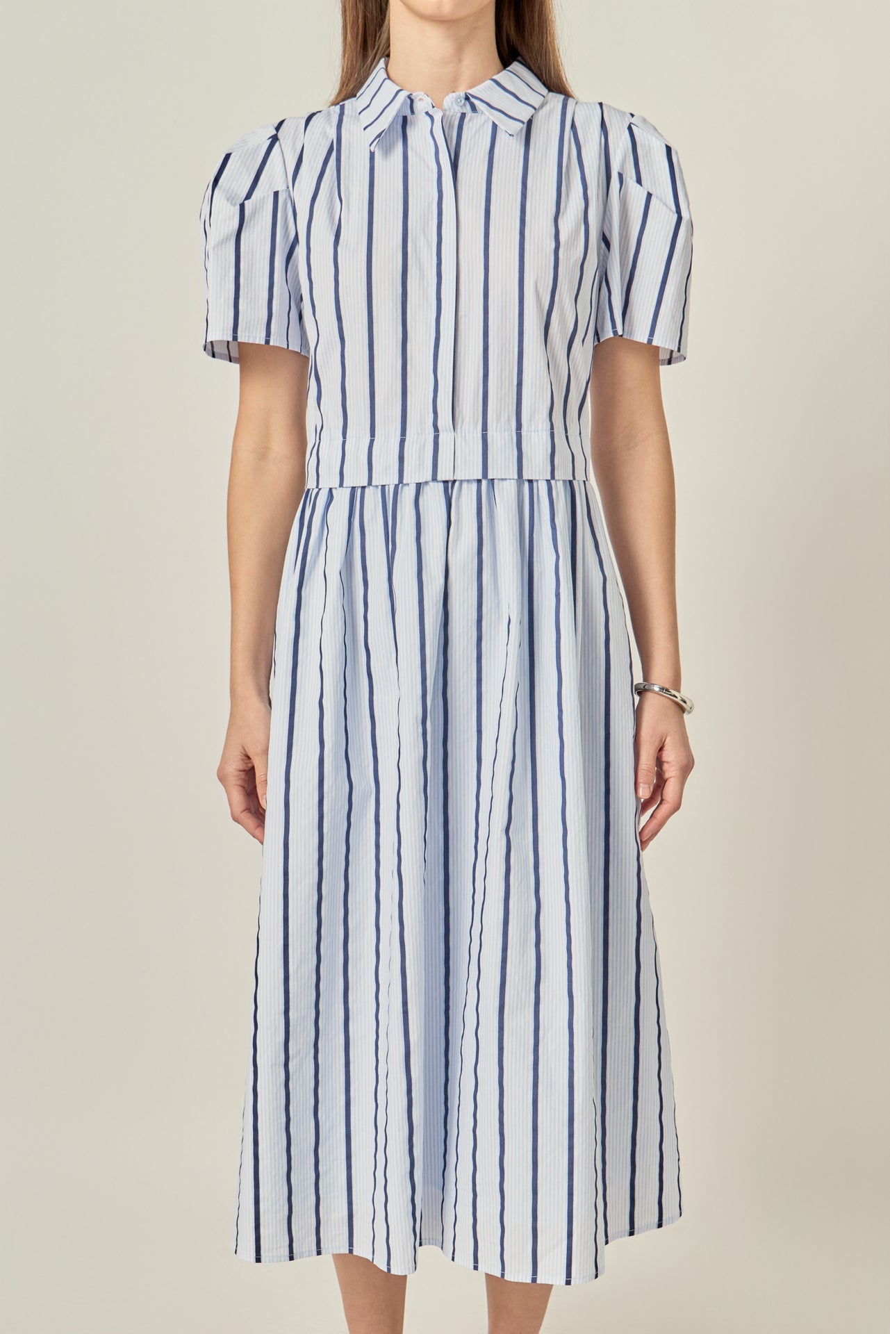 ENGLISH FACTORY - Striped Pleated Shoulder Shirt Midi Dress - DRESSES available at Objectrare