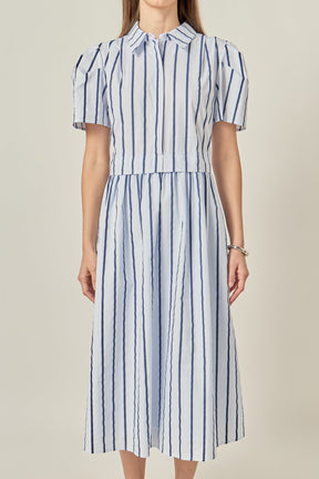 ENGLISH FACTORY - Striped Pleated Shoulder Shirt Midi Dress - DRESSES available at Objectrare