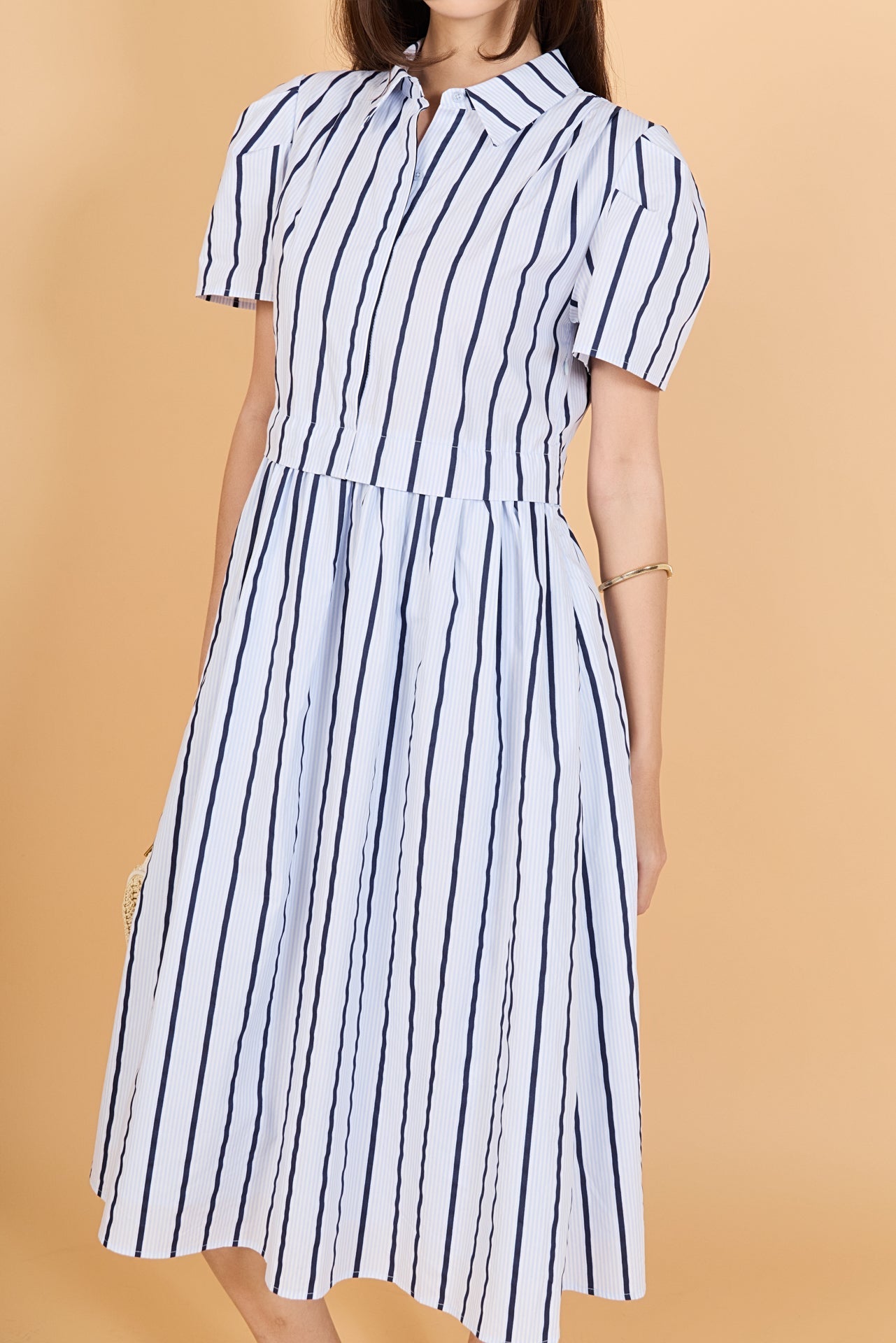 Striped Pleated Shoulder Shirt Midi Dress