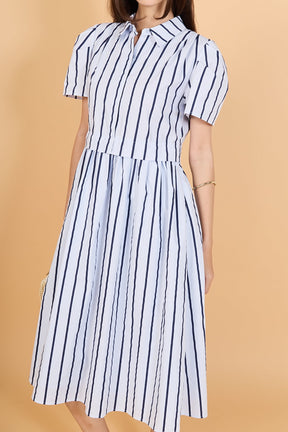 Striped Pleated Shoulder Shirt Midi Dress