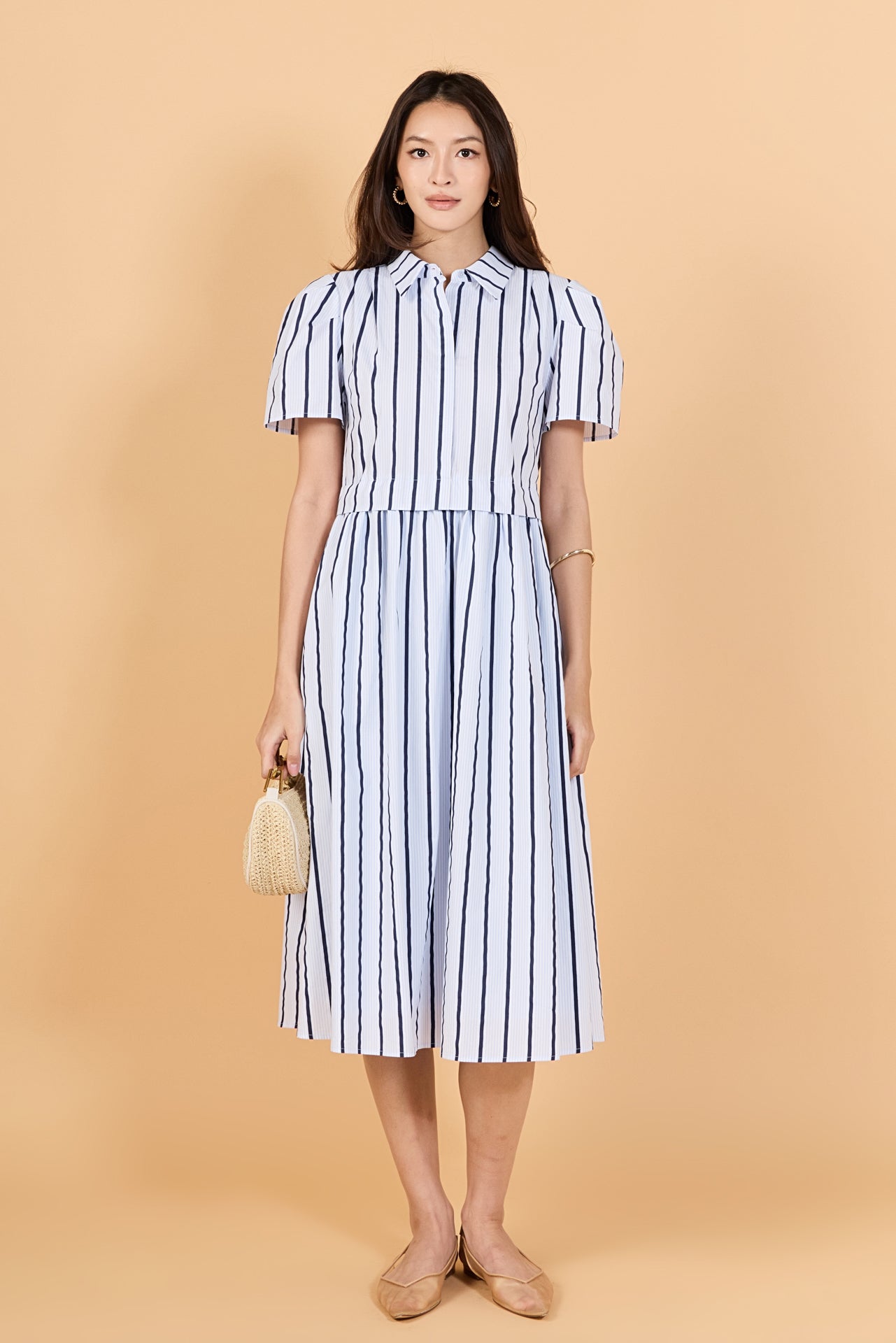 Striped Pleated Shoulder Shirt Midi Dress