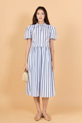 Striped Pleated Shoulder Shirt Midi Dress