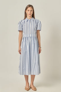 ENGLISH FACTORY - Striped Pleated Shoulder Shirt Midi Dress - DRESSES available at Objectrare