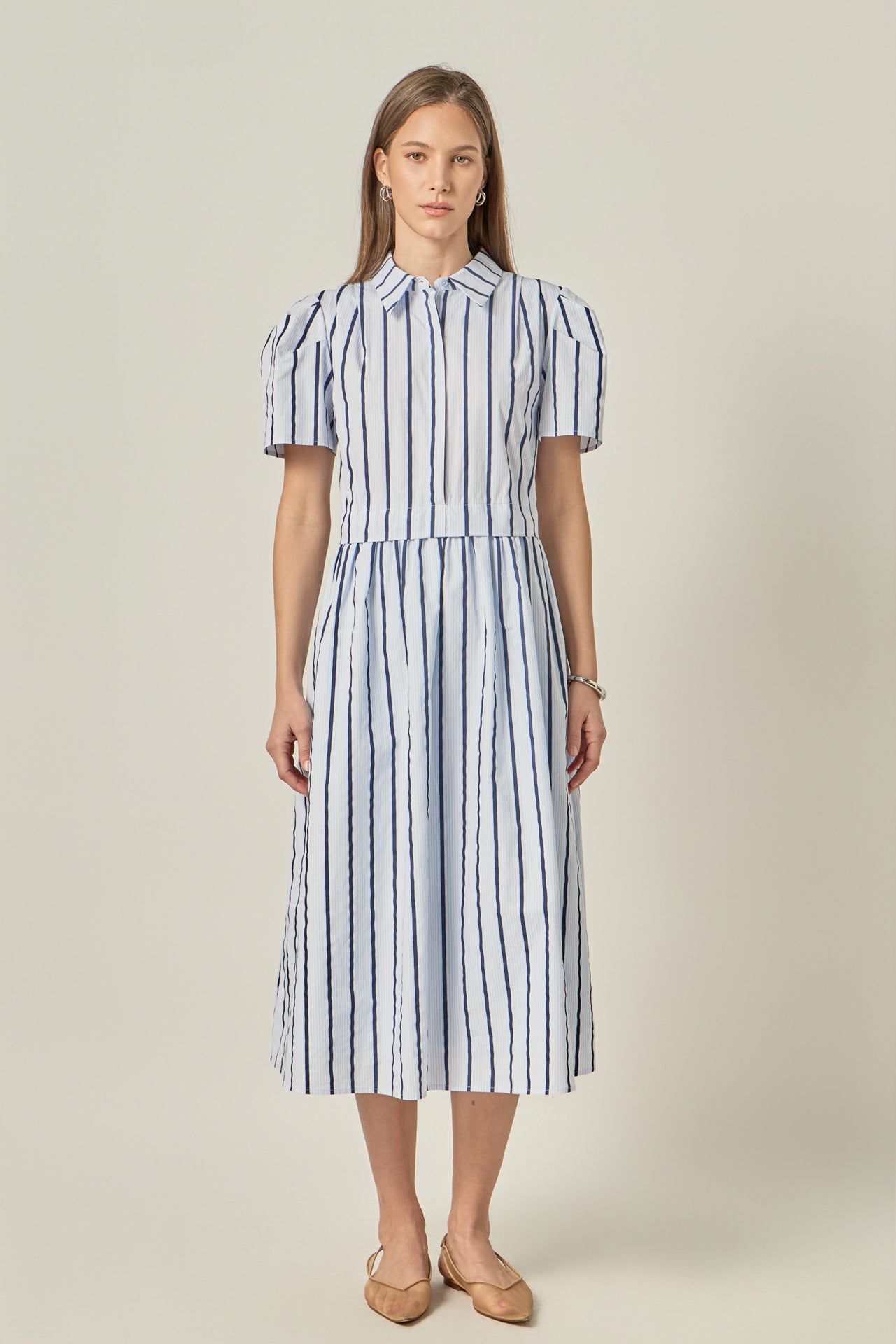Striped Pleated Shoulder Shirt Midi Dress