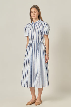 ENGLISH FACTORY - Striped Pleated Shoulder Shirt Midi Dress - DRESSES available at Objectrare