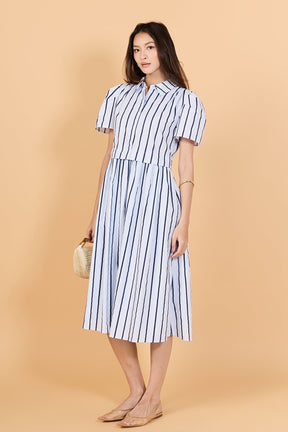 Striped Pleated Shoulder Shirt Midi Dress