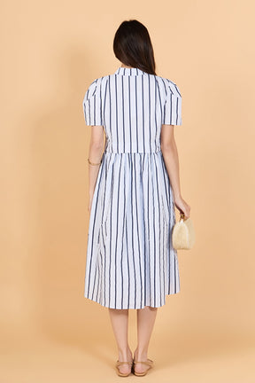Striped Pleated Shoulder Shirt Midi Dress