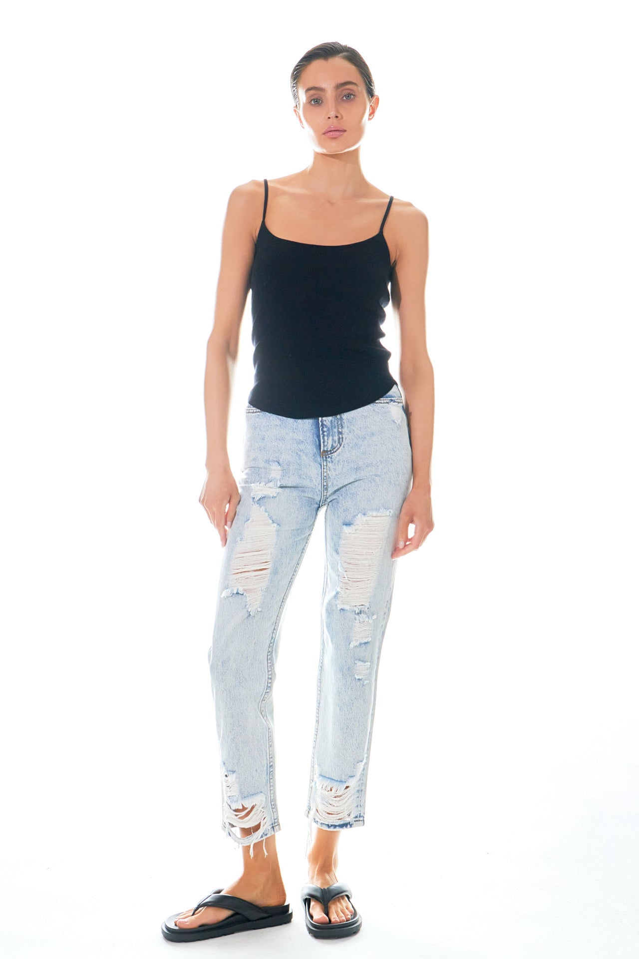 GREY LAB - High-Waisted Distressed Straight Leg Jeans - JEANS available at Objectrare