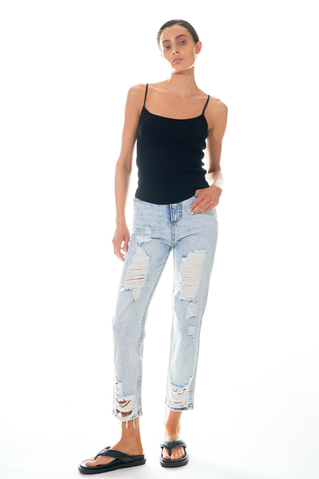 GREY LAB - High-Waisted Distressed Straight Leg Jeans - JEANS available at Objectrare