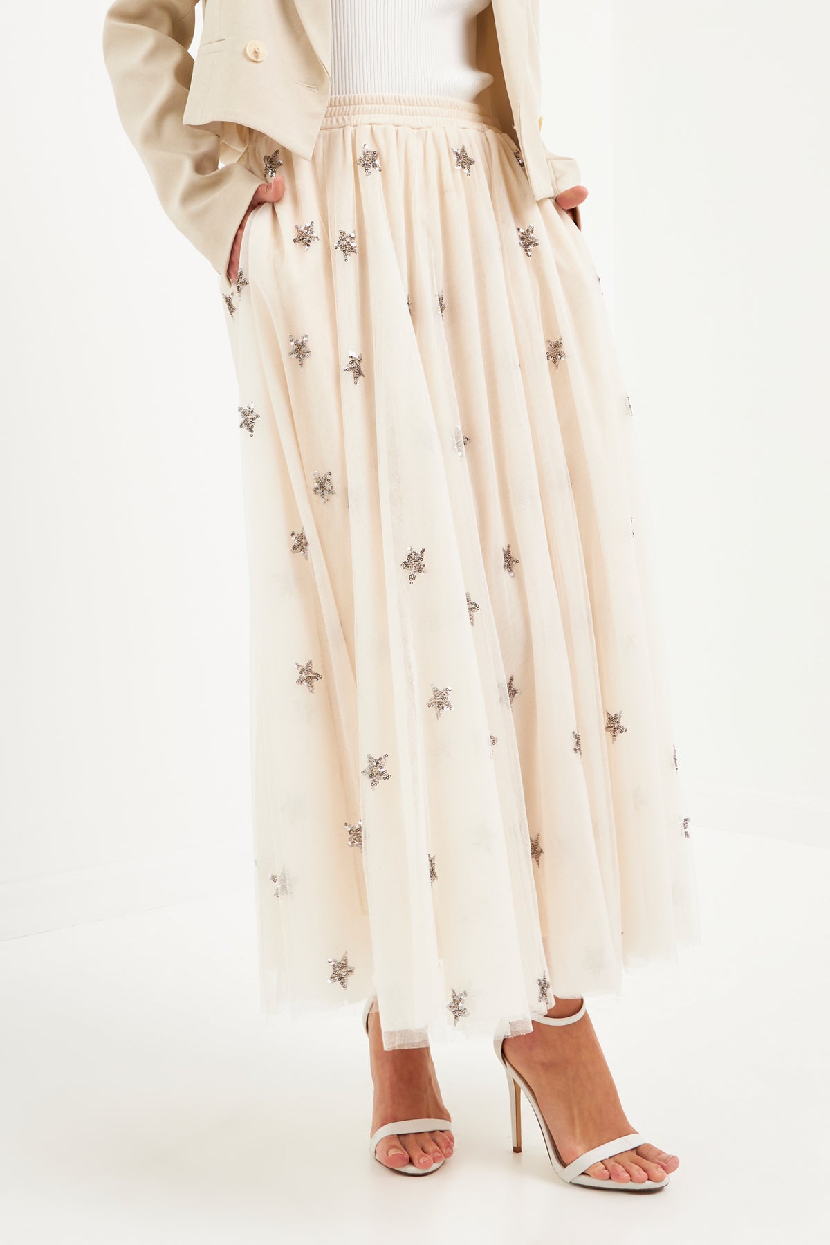Star Embroidered Tulle Full Maxi Skirt