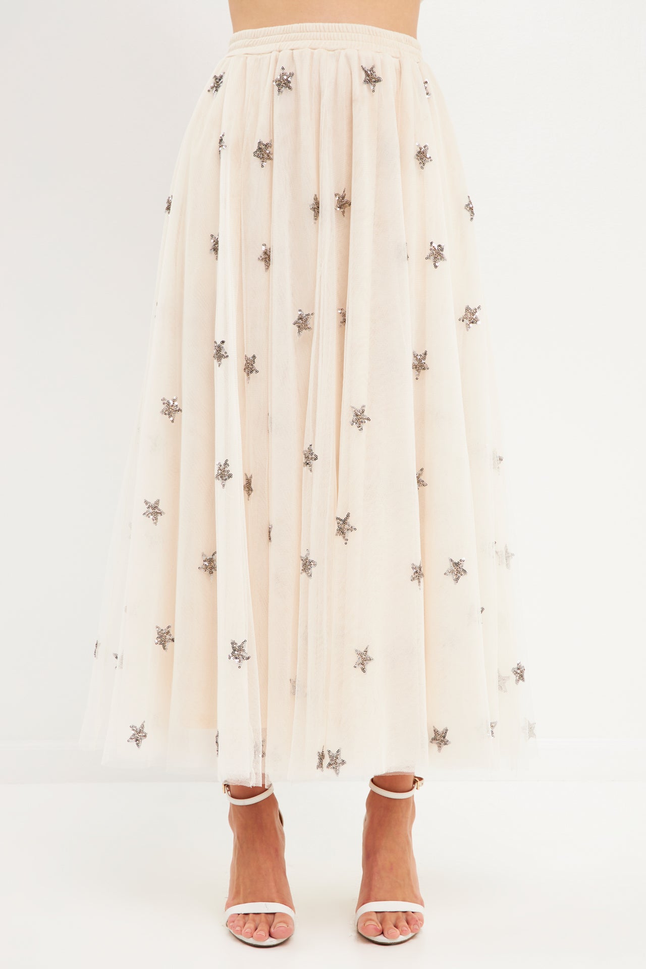 Star Embroidered Tulle Full Maxi Skirt