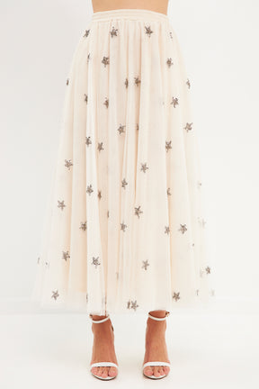 Star Embroidered Tulle Full Maxi Skirt