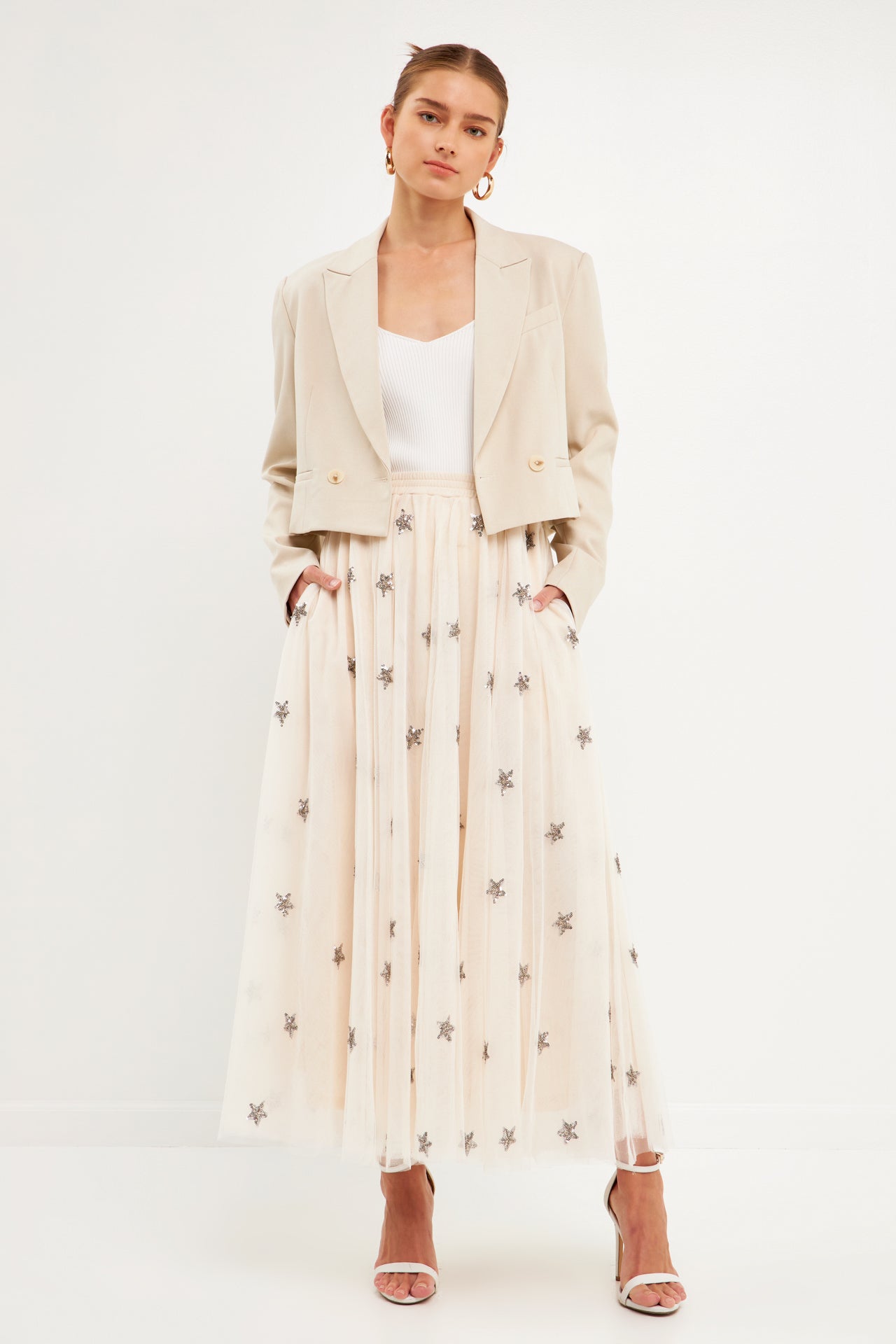 Star Embroidered Tulle Full Maxi Skirt