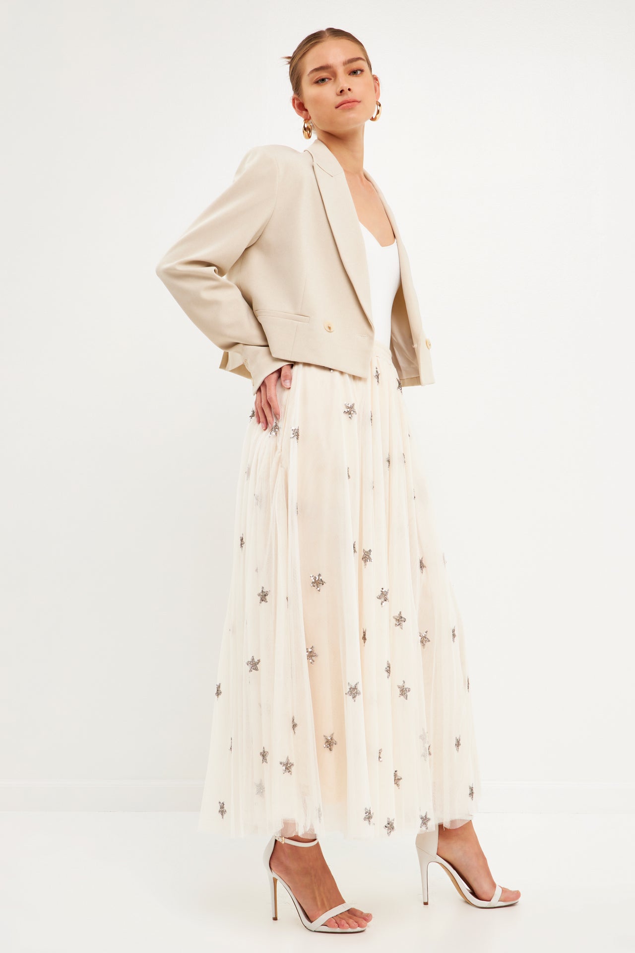 Star Embroidered Tulle Full Maxi Skirt