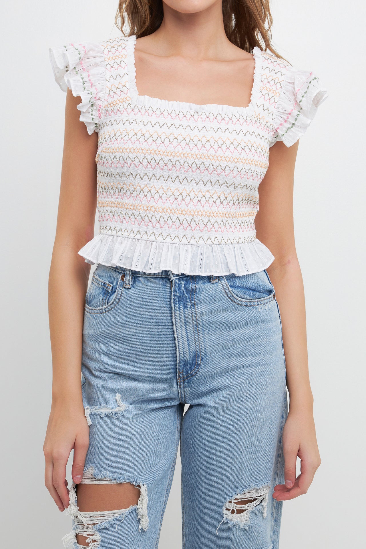 FREE THE ROSES - Smocked Multi Color Embroidered Crop Top - TOPS available at Objectrare