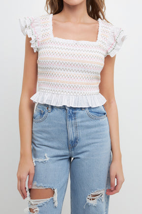 FREE THE ROSES - Smocked Multi Color Embroidered Crop Top - TOPS available at Objectrare