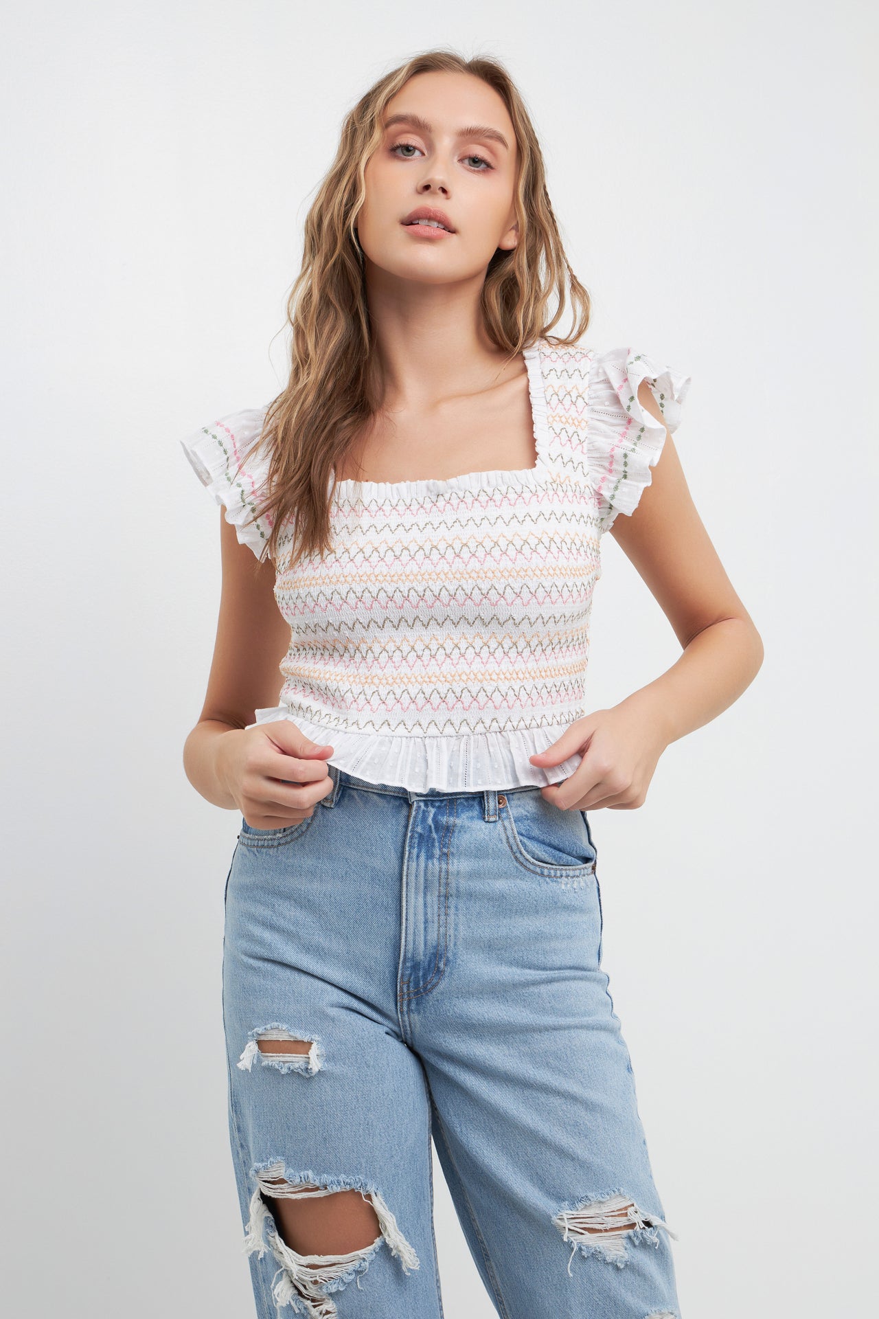 FREE THE ROSES - Smocked Multi Color Embroidered Crop Top - TOPS available at Objectrare